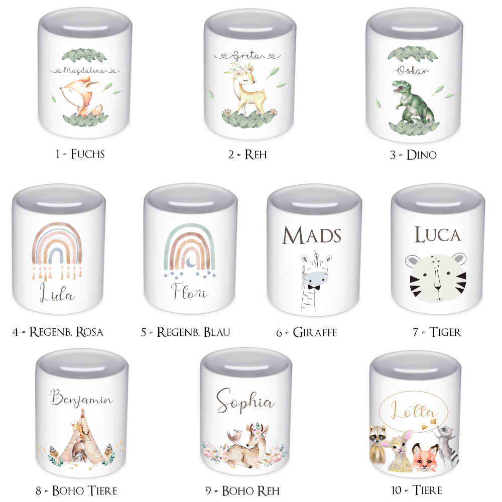 Spardose für Kinder mit Namen | Personalisiertes Geschenk für Mädchen u. Jungen | Originelles Geldgeschenk u. handgefertigte Geschenkidee | 10 Motive zur Auswahl