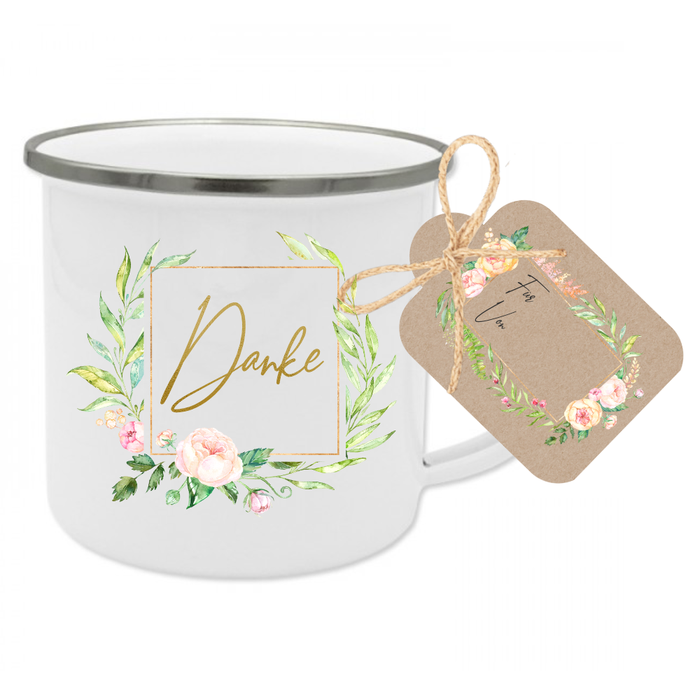 Tasse aus Emaille "Danke" | Dankeschön Geschenk im floralen Design | Tassengeschenk um Danke zu sagen