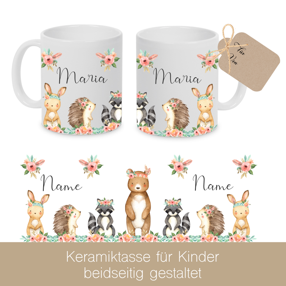 Kindertasse Boho Tiere mit Namen für Mädchen.