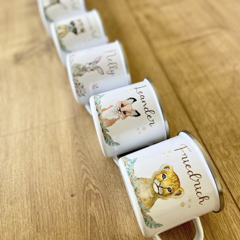 Personalisierte Elefant Tasse mit Namen des Kindes | Emaille Trinkbecher für Mädchen I Personalisierte Kindertasse als besonderes Geschenk  | 7 Motivvarianten zur Auswahl