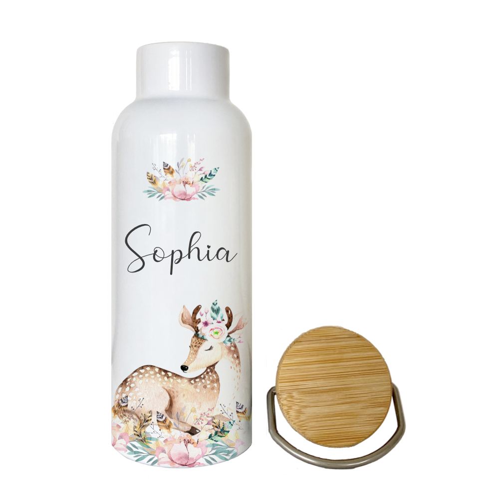 Personalisierte Trinkflasche "Rehkitz" für Kinder mit Name | Weiße Thermosflasche aus Edelstahl mit Bambusdeckel | 500ml