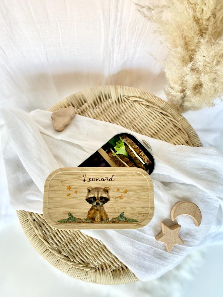 Brotdose Waschbär mit Namen für Kinder | Lunchbox mit Tiermotiv für Jungen und Mädchen | Kindergarten und Schule | Personalisiertes Geburtstagsgeschenk
