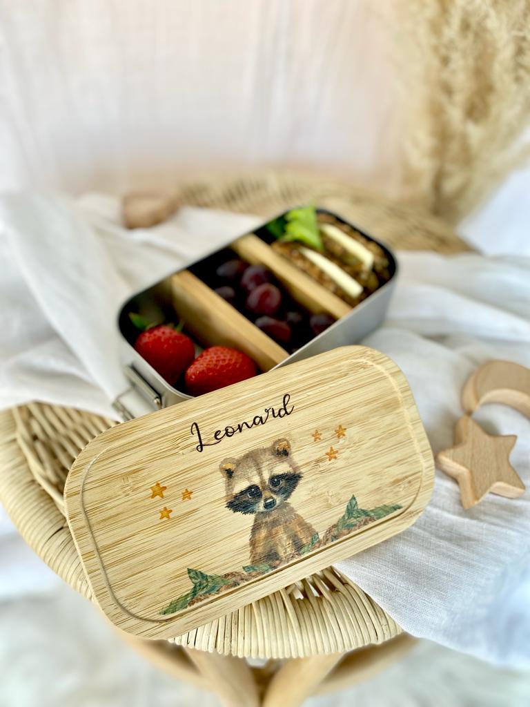 Brotdose Waschbär mit Namen für Kinder | Lunchbox mit Tiermotiv für Jungen und Mädchen | Kindergarten und Schule | Personalisiertes Geburtstagsgeschenk