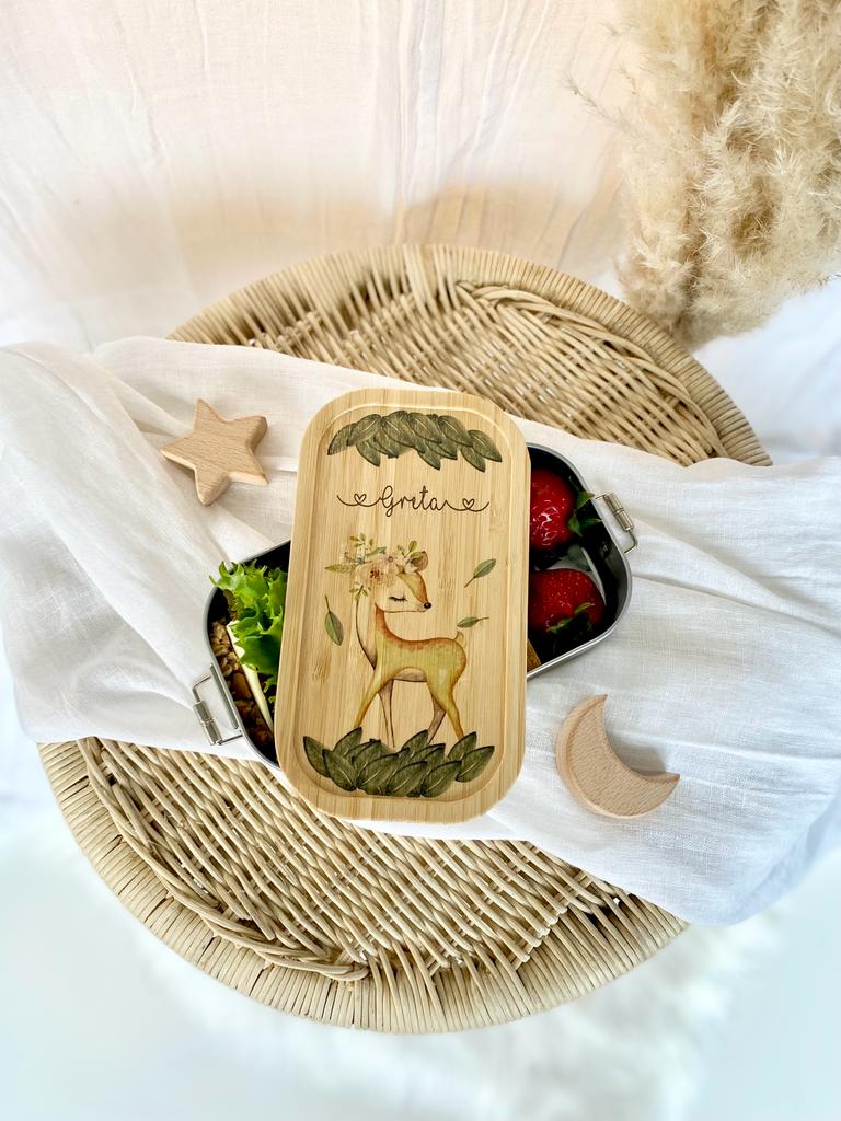 Brotdose mit Namen für Mädchen | Lunchbox mit Motiv "Rehkitz" | Wählbar in Edelstahl | Personalisiertes Geschenk für Mädchen