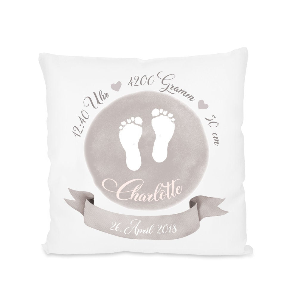 Personalisiertes Geburtskissen "Fußabdrücke" für Mädchen und Jungen | Handgefertigtes Babygeschenk zur Geburt u. Taufe | Geschenkidee mit den Geburtsdaten des Neugeborenen | 3 Farbvarianten zur Auswahl