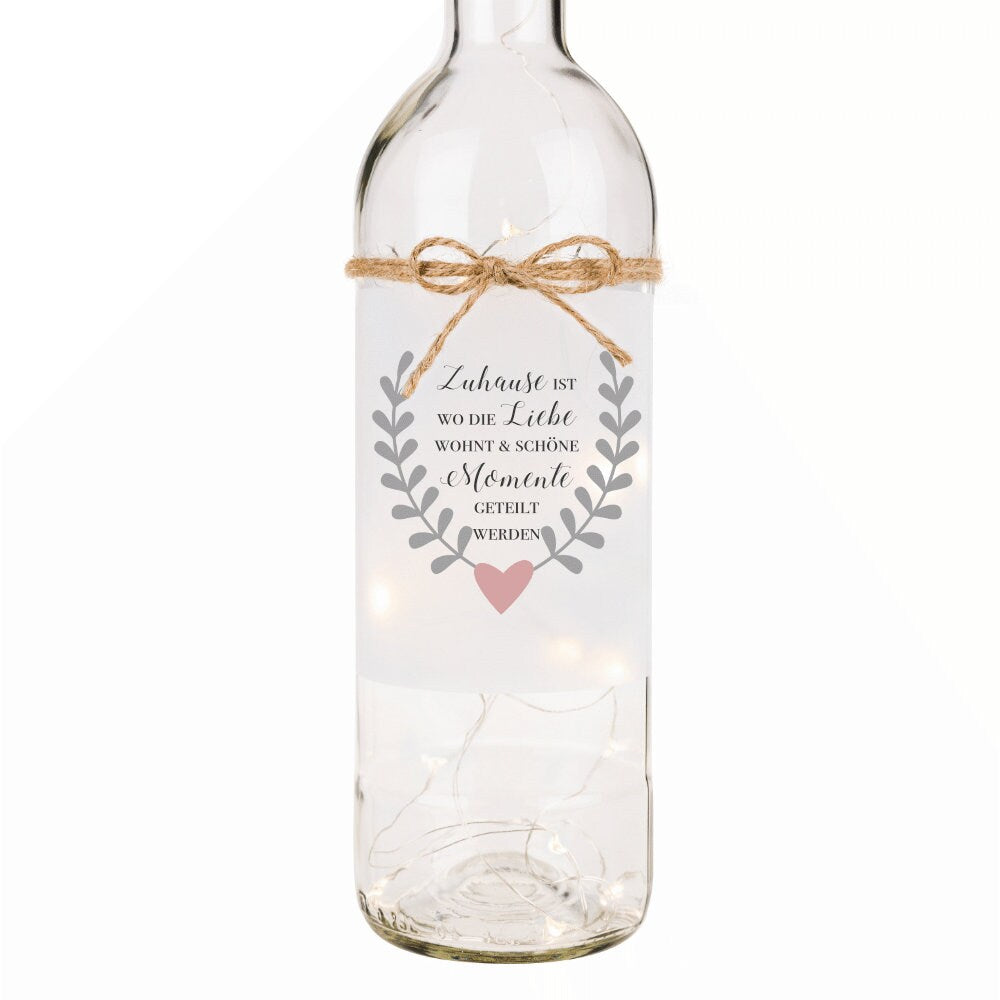 Flaschenlicht mit Spruch "Zuhause ist wo die Liebe wohnt & schöne Momente geteilt werden" | Persönliches Geschenk für Frauen und Familien | Besondere Dekoration für das Zuhause