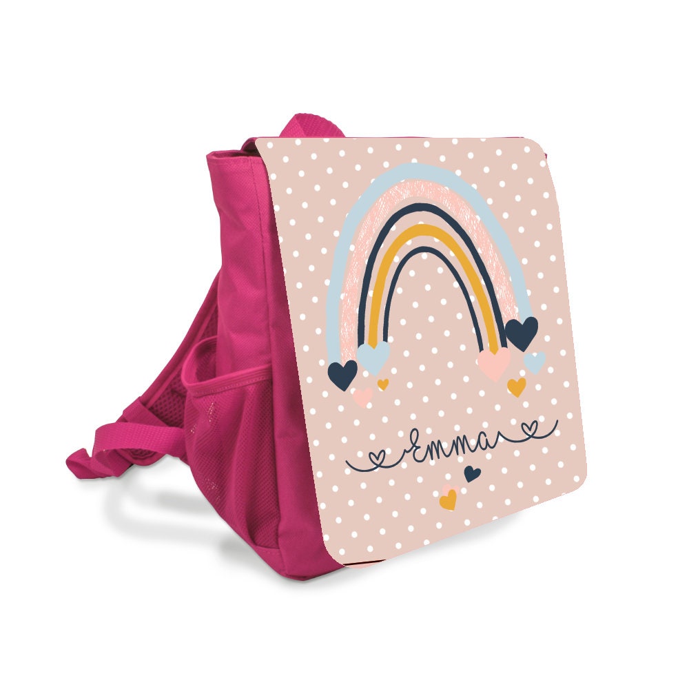 Schöner Rucksack für Kinder mit einem Regenbogen gestaltet | Personalisierter Kinderrucksack in Blau und Pink für Jungen u. Mädchen | Perfektes Geschenk für Kindergartenkinder im Alter von 2-5 Jahre | 2 Farbvarianten zur Auswahl