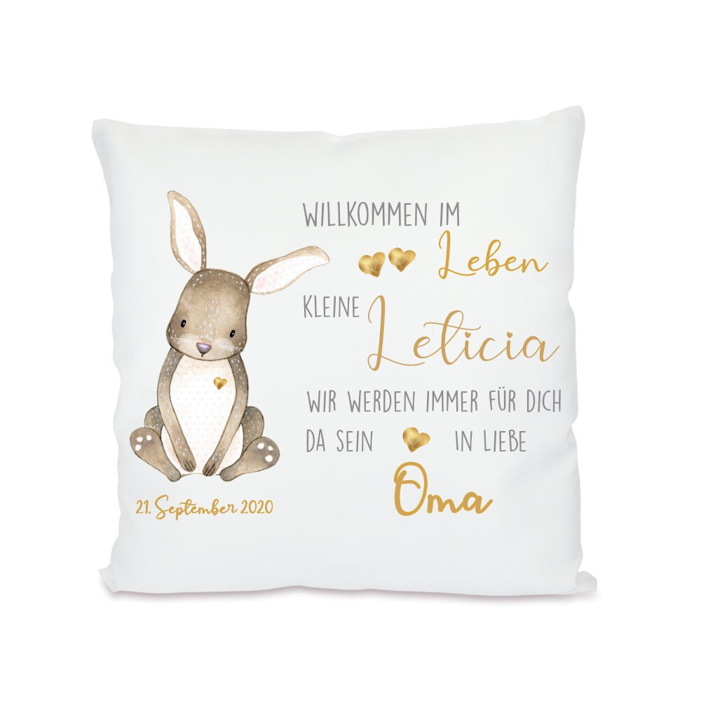 "Willkommen im Leben" | Persönliches Geschenk mit Widmung zur Geburt | Verschenke ein personalisiertes Babykissen mit Namen des Neugeborenen und dem Geburtsdatum | 4 Varianten zur Auswahl
