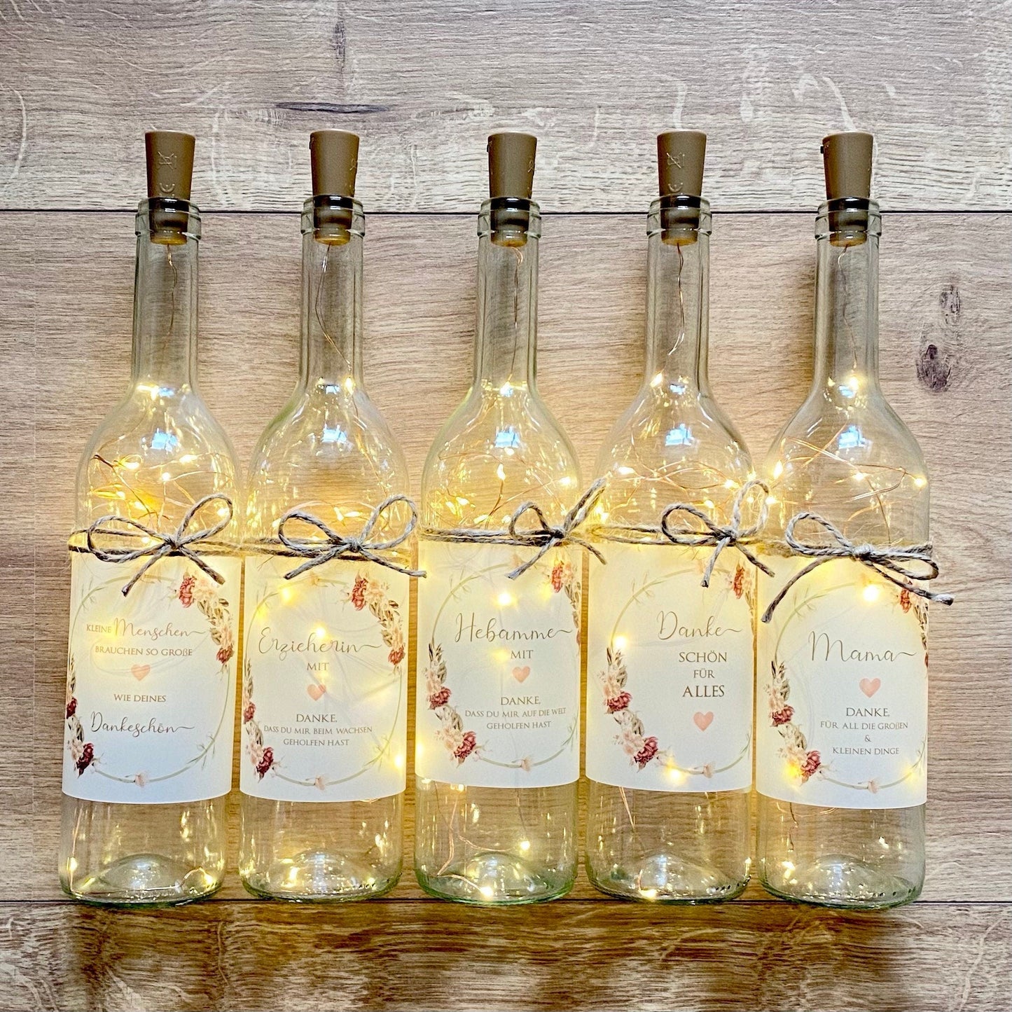 Leuchtflasche mit Spruch für die Mama | Flaschenlicht mit schöner Danksagung für Mütter | 6 Motivvarianten zur Auswahl