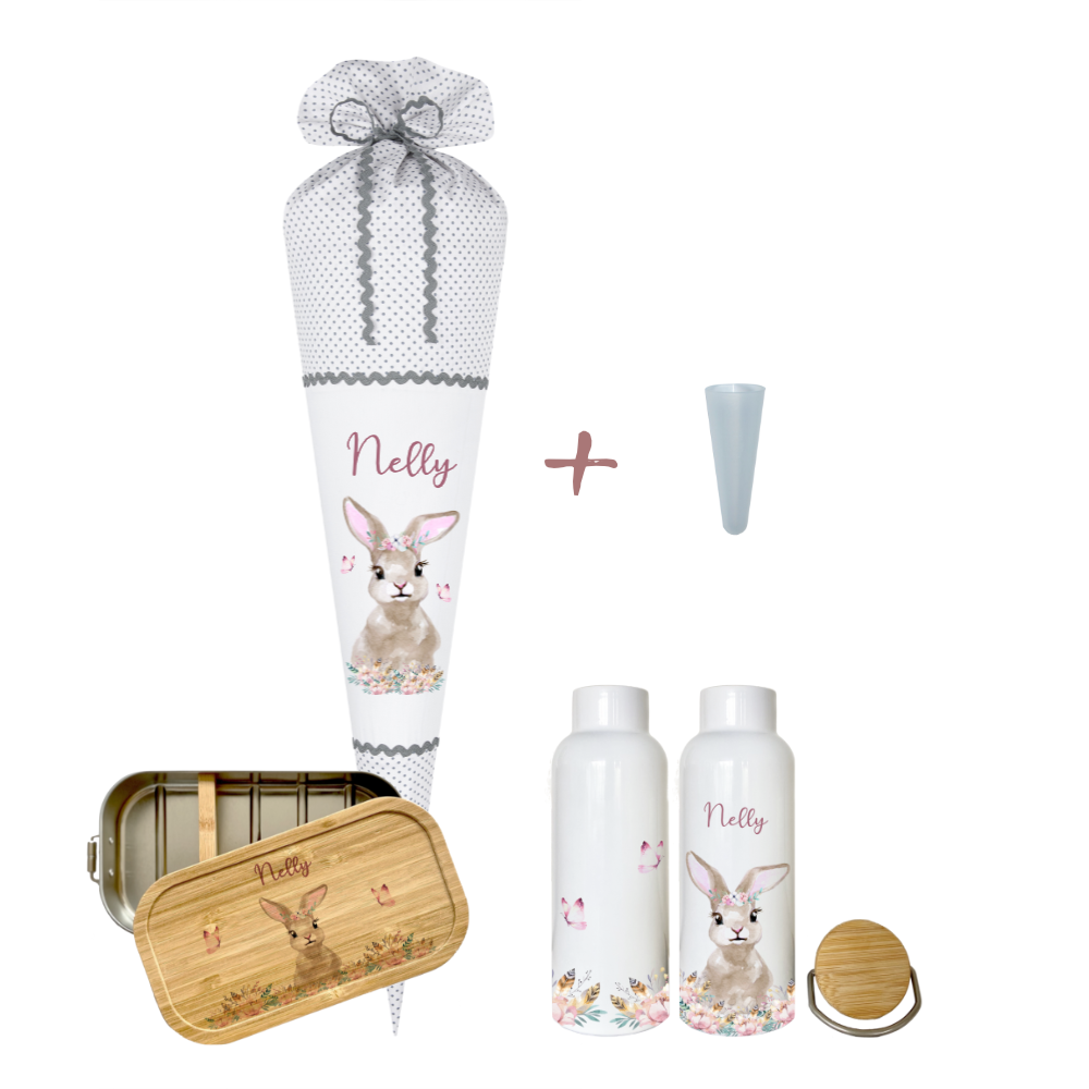 Schultüte "Hase" aus Stoff | Personalisiert mit Namen für Mädchen | Optional mit grauem, blauem, geblümten Stoff | mit Füllkissen & Spitzenschutz | Brotdosen & Trinkflaschen Set