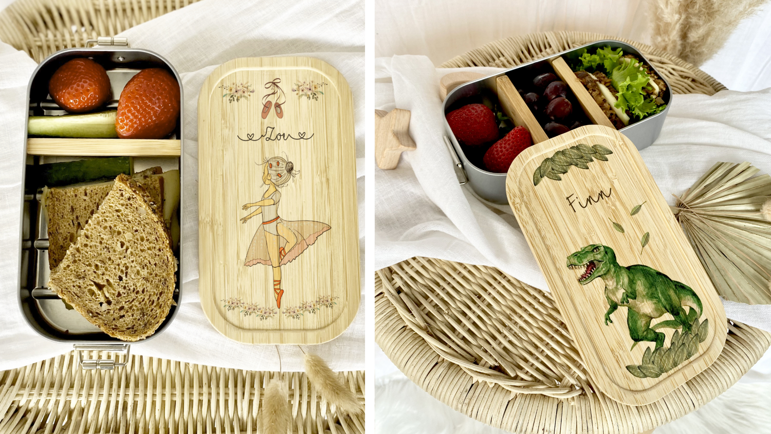 Personalisierte Brotdosen aus Edelstahl und Weißblech.