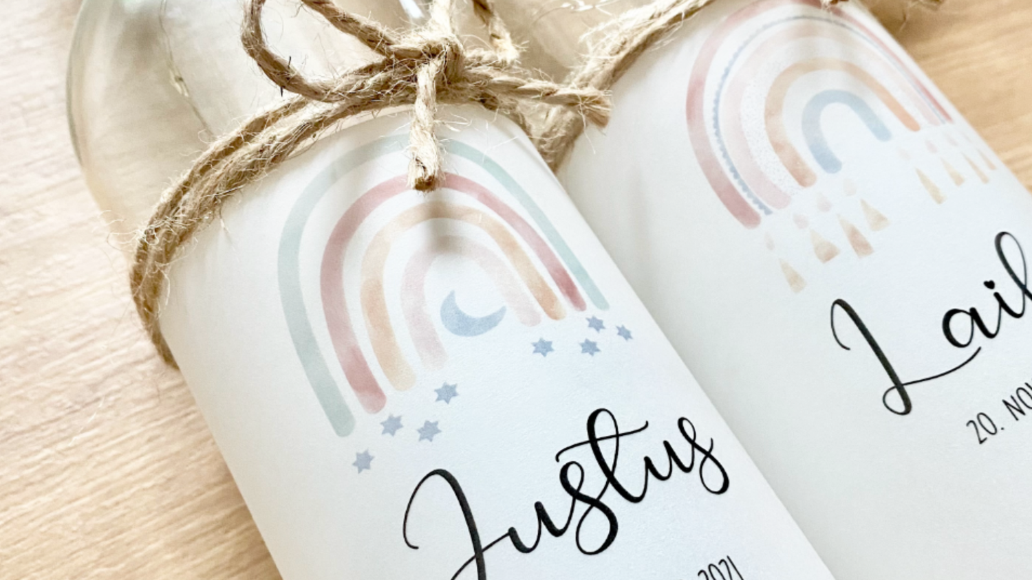 Handgefertigte personalisierte Geschenke. Flaschenlichter für Kinder.