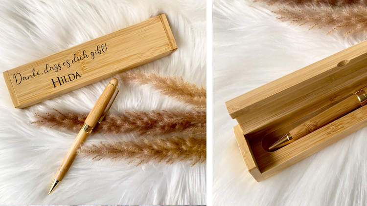 Personalisierte Kugelschreiber aus Bambus mit Etui.