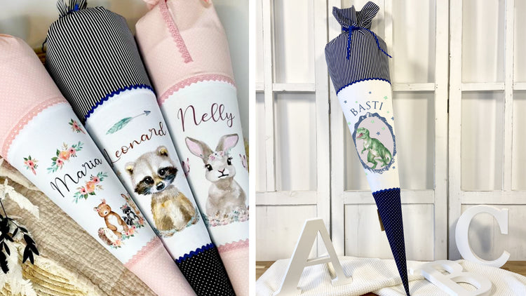 Personalisierte Schultüten aus Stoff genäht zur Einschulung. 