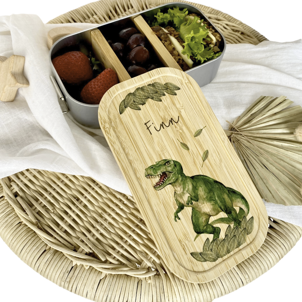 Brotdose "Dino" wählbar in Edelstahl mit Bambusdeckel und Namen für Kinder | Wählbar in Edelstahl | Lunchbox mit Dinosaurier | Personalisiertes Geschenk für Kinder