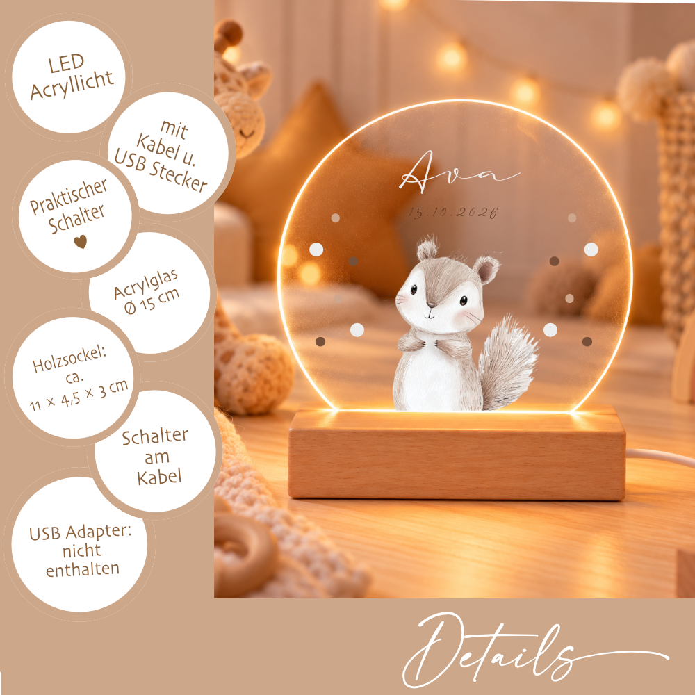 Nachtlicht personalisiert mit Namen & Tiermotiv – LED optional