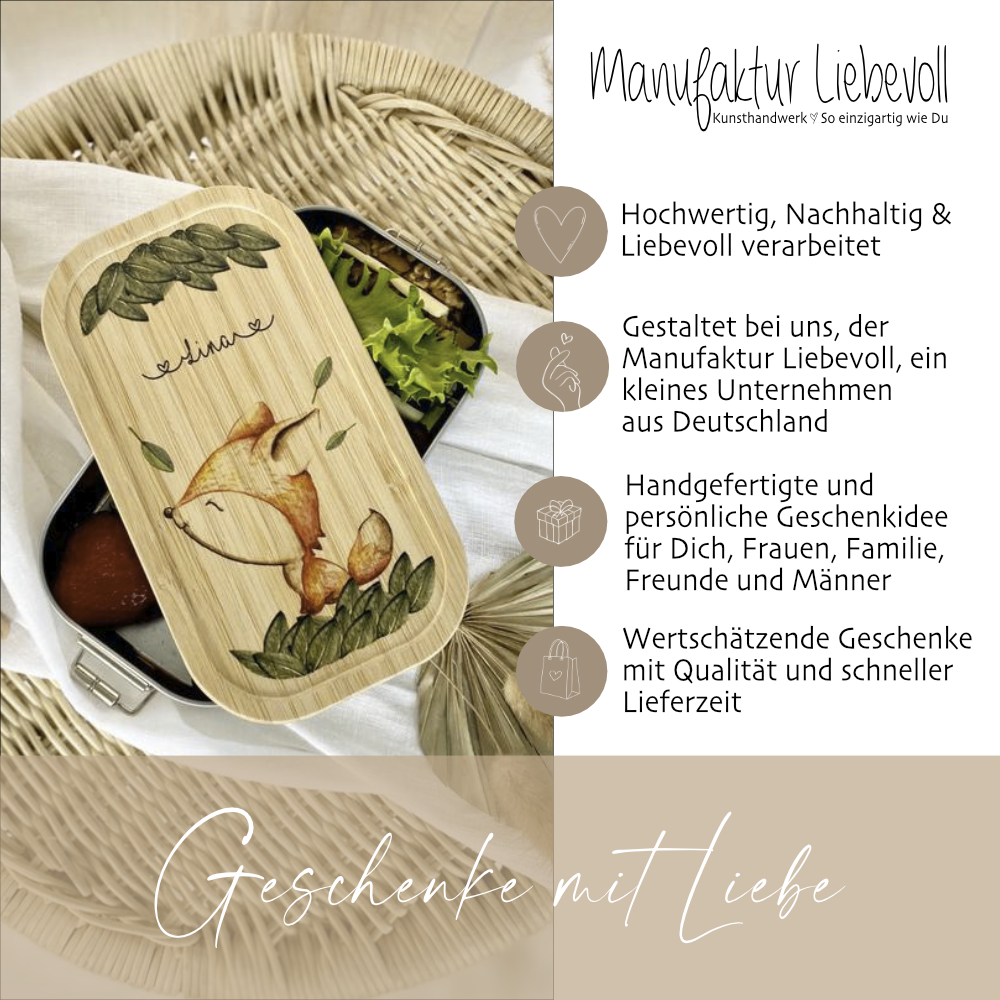Brotdose mit Namen für Mädchen u. Jungen | Wählbar in Edelstahl | Lunchbox mit Motiv "Fuchs" | Personalisiertes Geschenk für Kinder