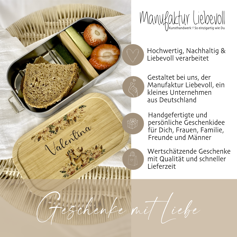 Nachhaltige Brotdose mit Bambus und Namen - Rehkitz | Wählbar in Edelstahl | Personalisiertes Geschenk für Mädchen