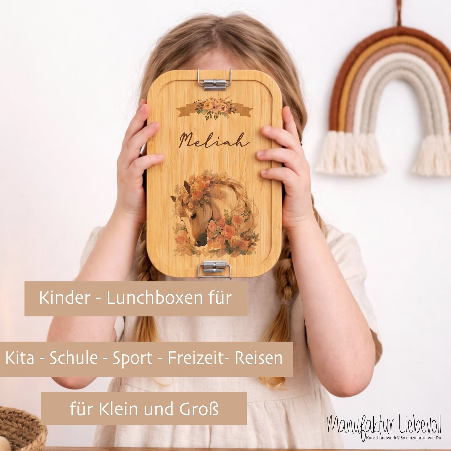 Lunchbox "Pony Pferd" wählbar in Edelstahl mit Bambusdeckel und Namen für Mädchen | Brotdose Pferdemädchen | Personalisiertes Geschenk für Kinder