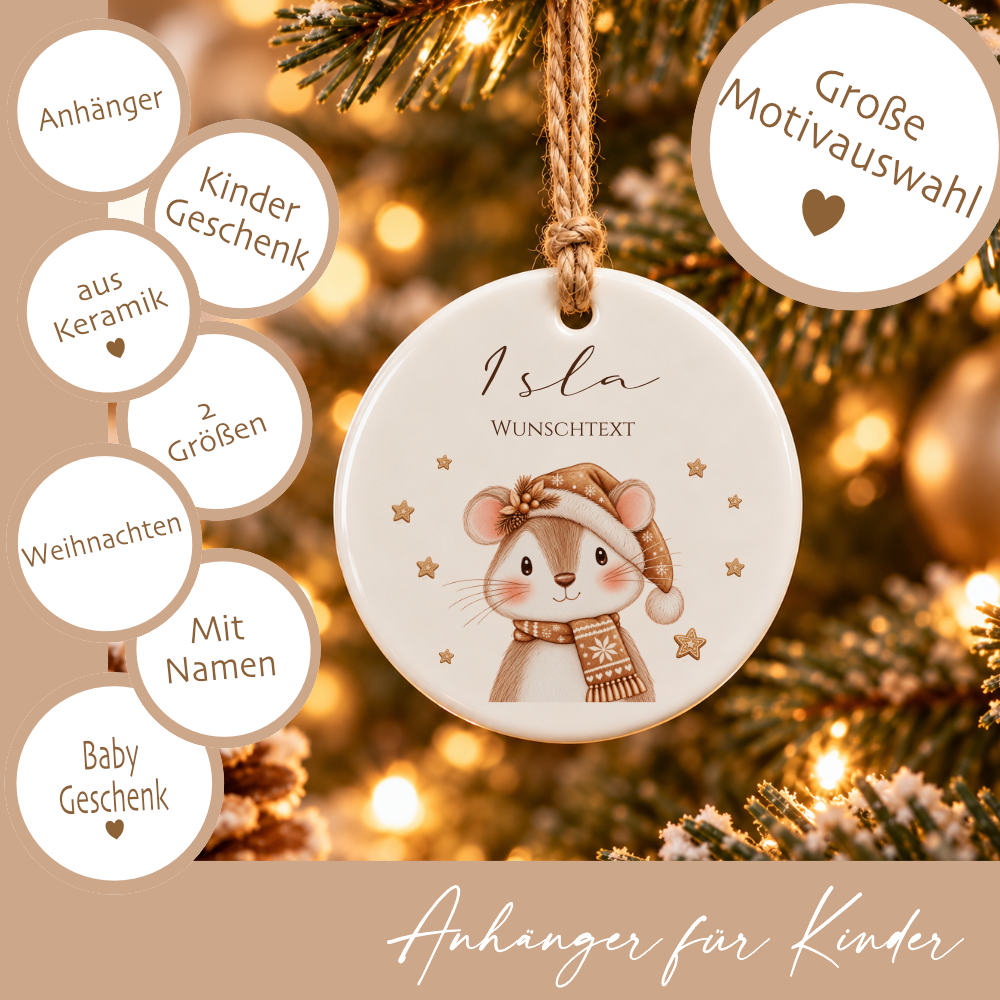 Weihnachtsanhänger aus Keramik personalisiert mit Namen – 6 Tiermotive