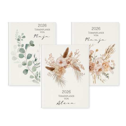 Personalisierter Terminplaner 2026 Din A5 | Hardcover Buchkalender mit Name | Florales & Boho Design