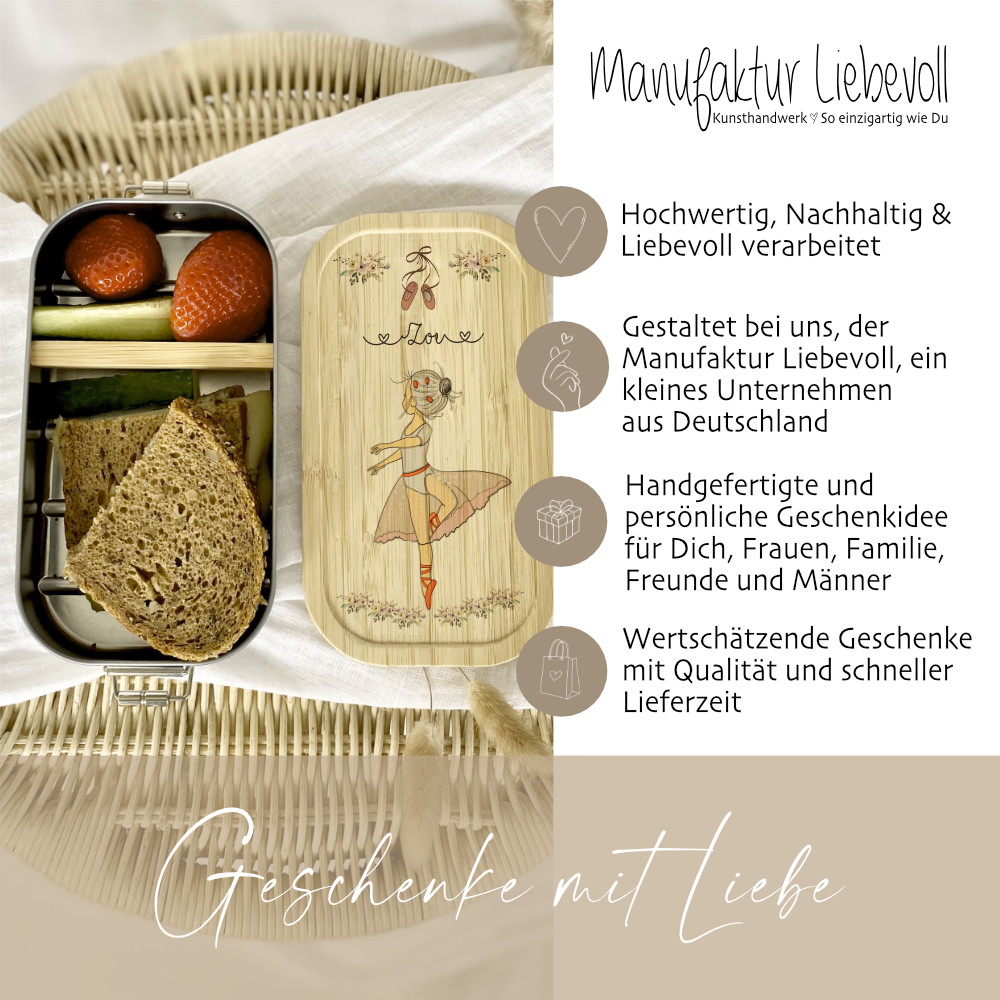 Brotdose mit Namen für Mädchen und Jungen | Lunchbox mit Motiv "Ballerina" | Wählbar in Edelstahl | Personalisiertes Geschenk zum Thema Ballett