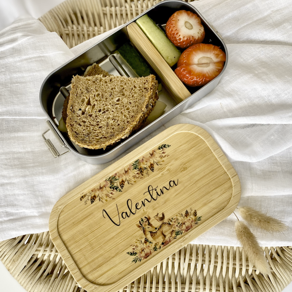Nachhaltige Brotdose mit Bambus und Namen - Rehkitz | Wählbar in Edelstahl | Personalisiertes Geschenk für Mädchen