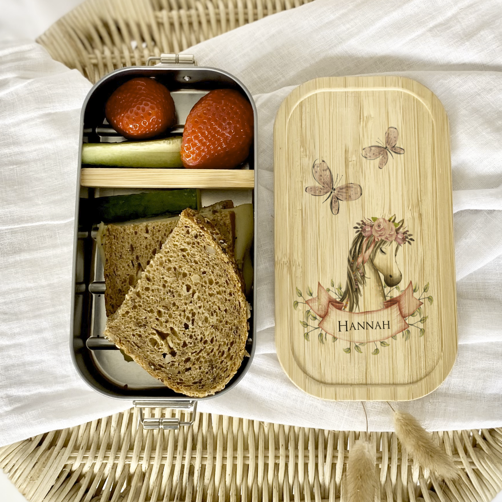 Brotdose "Pony" mit Namen und Bambusdeckel für Mädchen und Jungen | Wählbar in Edelstahl  Lunchbox mit Pferd | Personalisierte Geschenkidee für Kinder