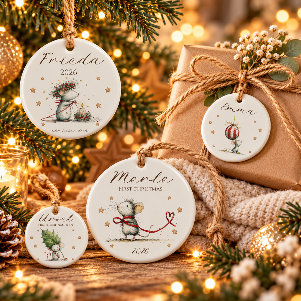 Weihnachtsanhänger aus Keramik personalisiert mit Namen – 4 Mäusemotive