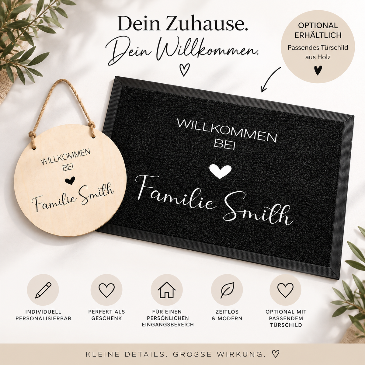 Personalisierte Fußmatte & Türschild aus Holz – Willkommen bei Familie
