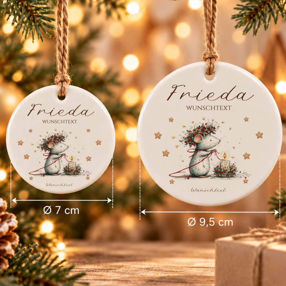 Weihnachtsanhänger aus Keramik personalisiert mit Namen – 4 Mäusemotive