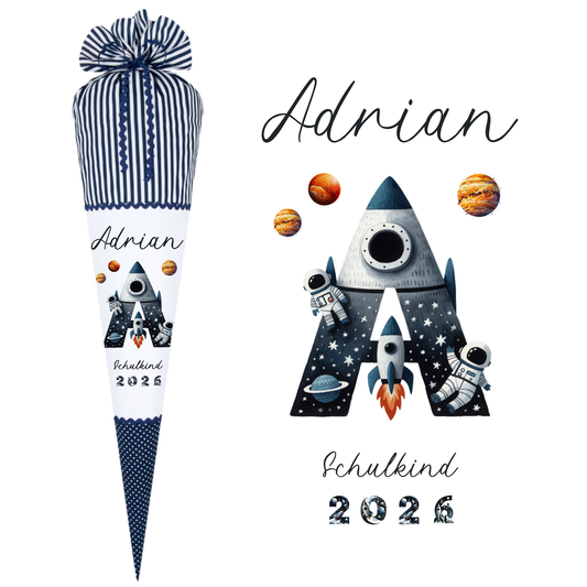 Raketen Schultüte Weltall | Personalisiert mit dem Namen und Buchstaben für Jungen | Optional mit Füllkissen und Spitzenschutz