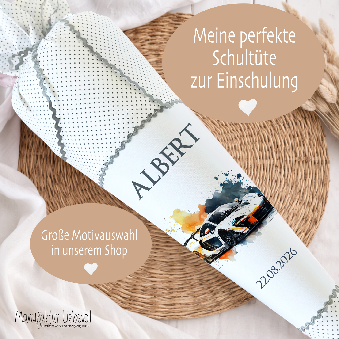 Personalisierte Rennauto Schultüte Stoff Zuckertüte mit Namen und  Datum Einschulungstüte 70 cm | Optional mit Füllkissen und Spitzenschutz