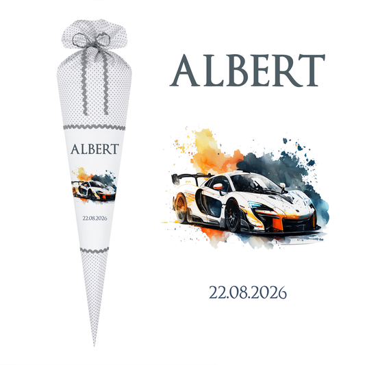 Personalisierte Rennauto Schultüte Stoff Zuckertüte mit Namen und Datum Einschulungstüte 70 cm | Optional mit Füllkissen und Spitzenschutz