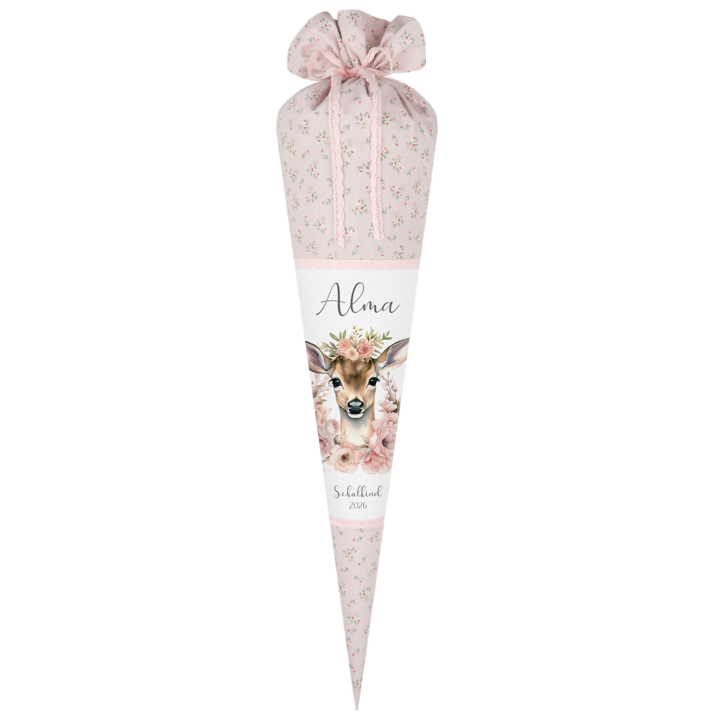 Reh Schultüte Mädchen personalisiert - Rehkitz Schultüte mit Namen - Bambi Stoff Schultüte Einschulung  Geschenk – rosa boho Schultüte