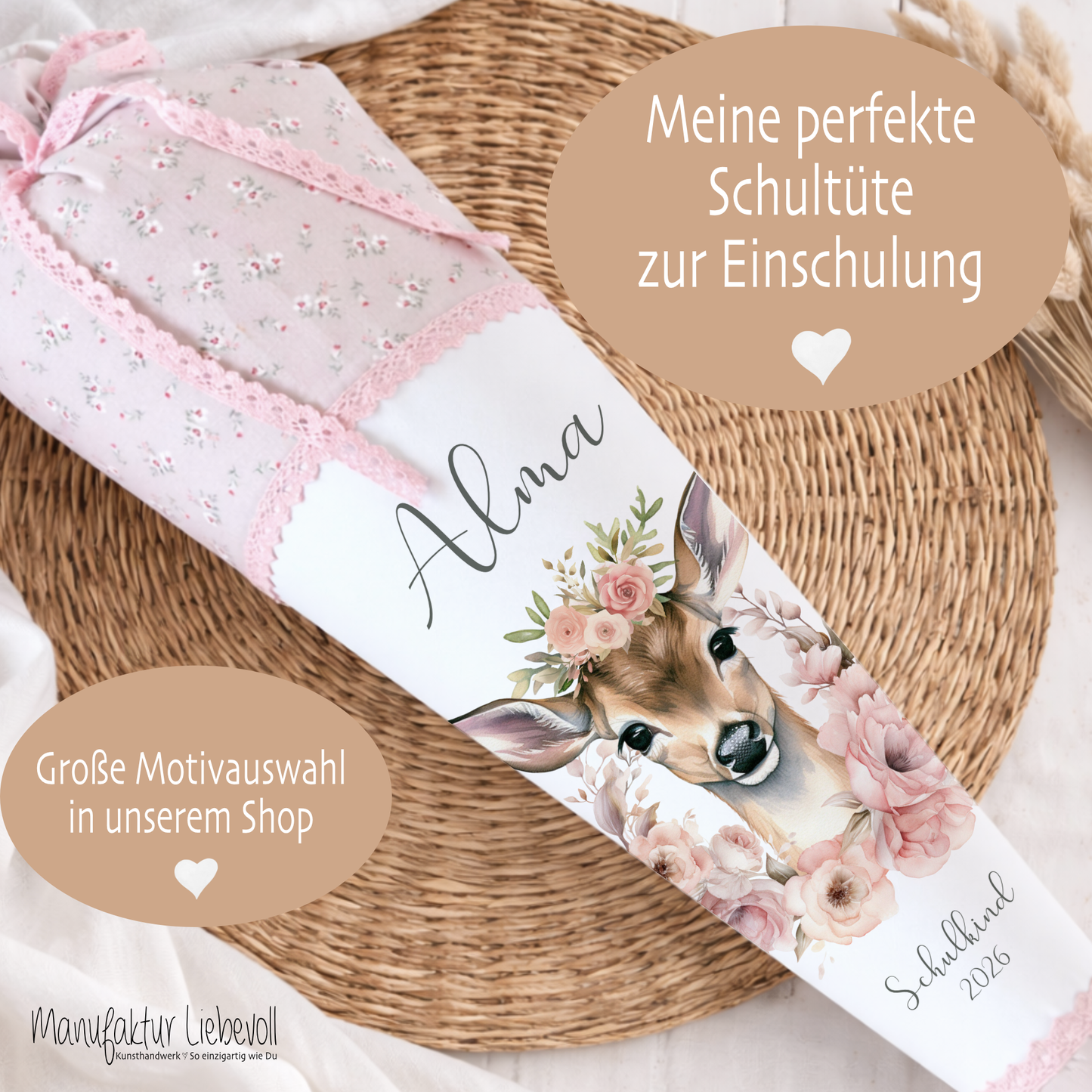 Reh Schultüte Mädchen personalisiert - Rehkitz Schultüte mit Namen - Bambi Stoff Schultüte Einschulung  Geschenk – rosa boho Schultüte