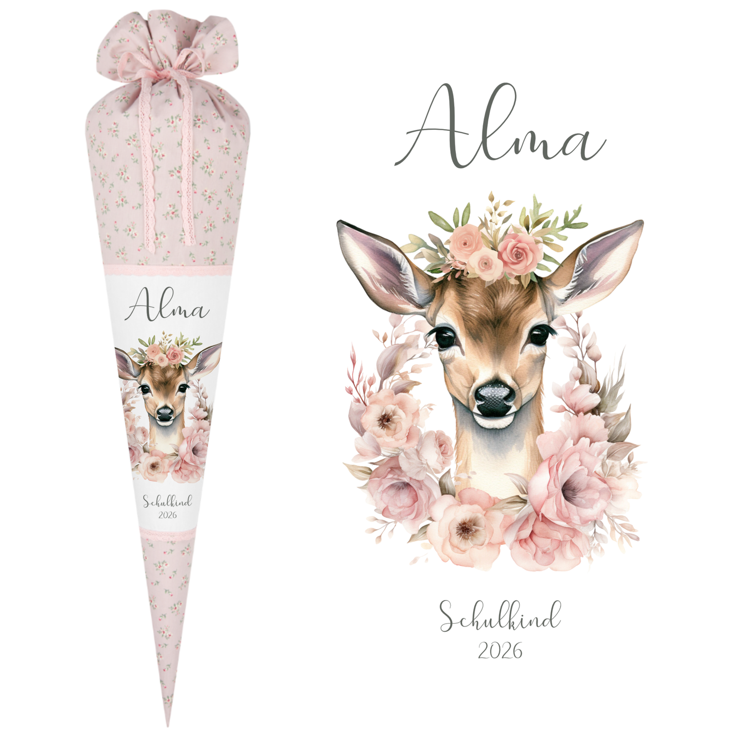 Reh Schultüte Mädchen personalisiert - Rehkitz Schultüte mit Namen - Bambi Stoff Schultüte Einschulung  Geschenk – rosa boho Schultüte