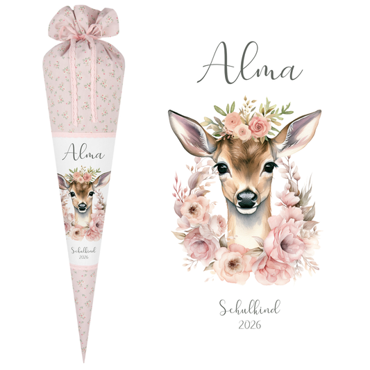 Reh Schultüte Mädchen personalisiert - Rehkitz Schultüte mit Namen - Bambi Stoff Schultüte Einschulung  Geschenk – rosa boho Schultüte