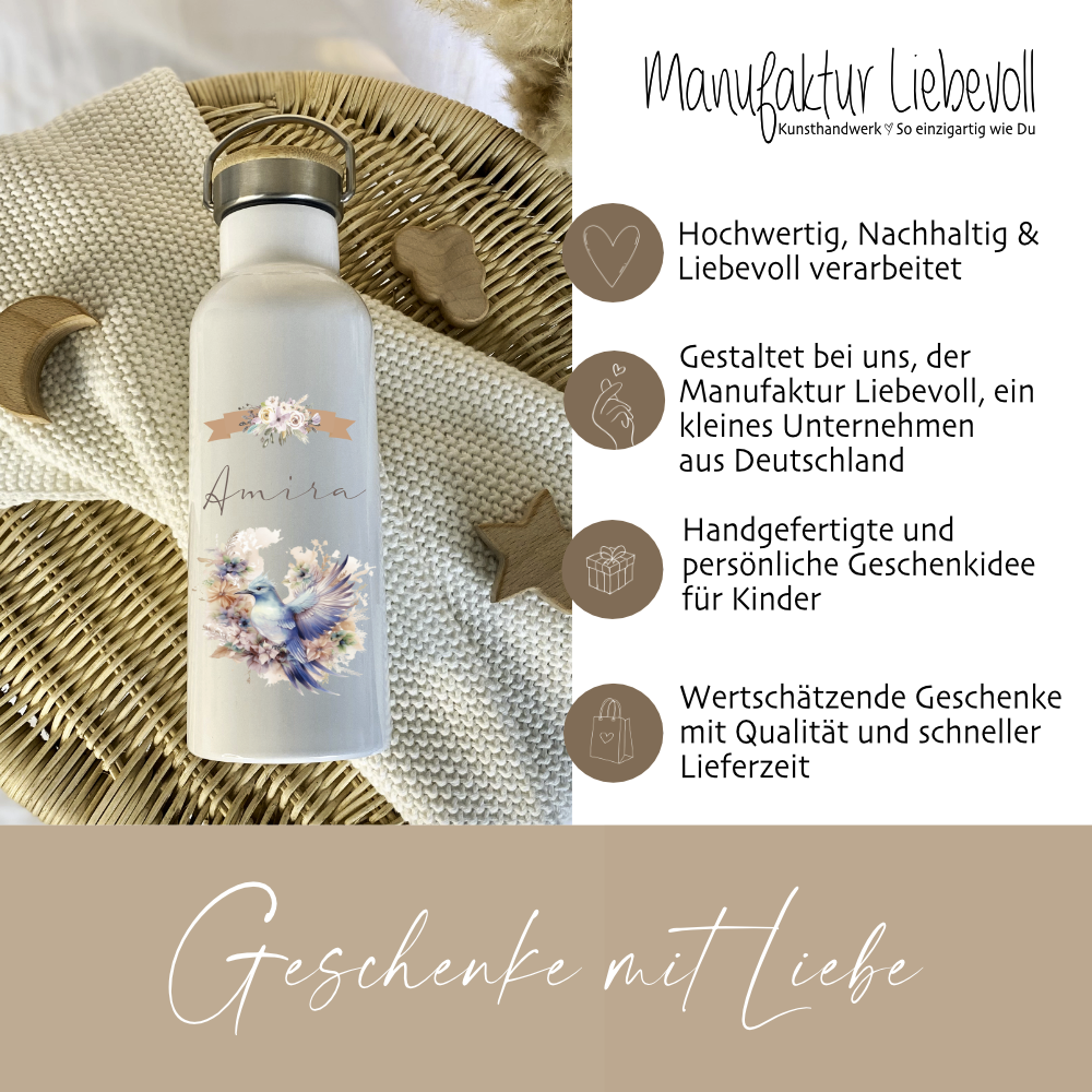 Trinkflasche Vogel mit Namen als Geschenkidee für Mädchen 