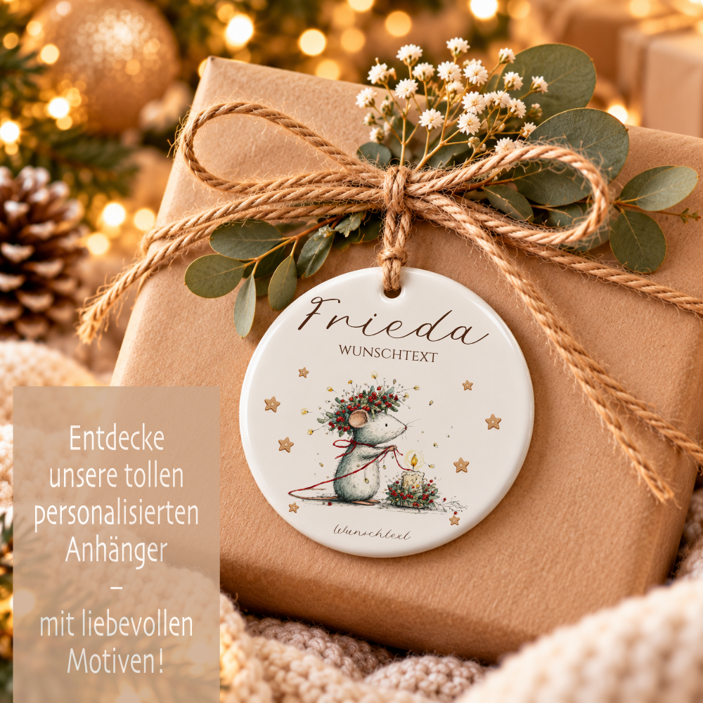 Weihnachtsanhänger aus Keramik personalisiert mit Namen – 4 Mäusemotive