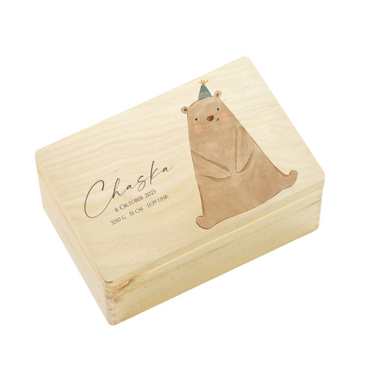 Personalisierte Aufbewahrungskiste für Kinder, Erinnerungsbox aus Holz mit dem Namen u. Geburtsdaten | Motiv: Bär