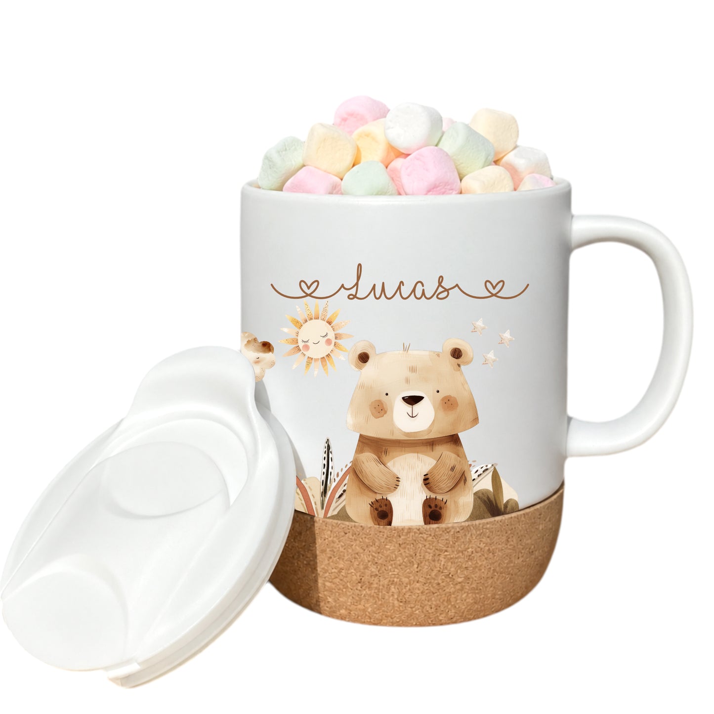 Personalisierte Kindertasse mit Namen – Keramiktasse mit Korkboden & Deckel | 14 Motive zur Auswahl