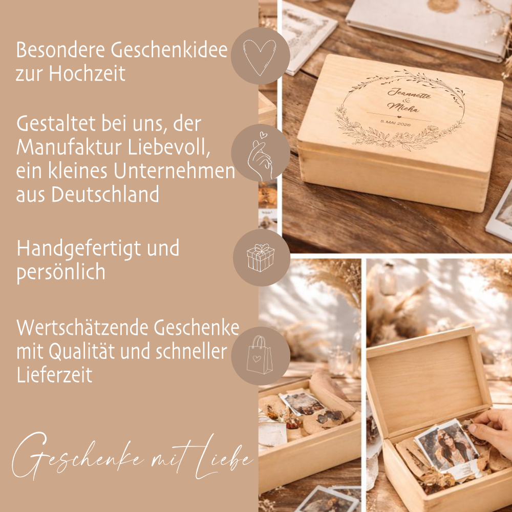 Personalisierte Erinnerungskiste zur Hochzeit, Holzbox als Geschenk für das Brautpaar, Hochzeitsgeschenk