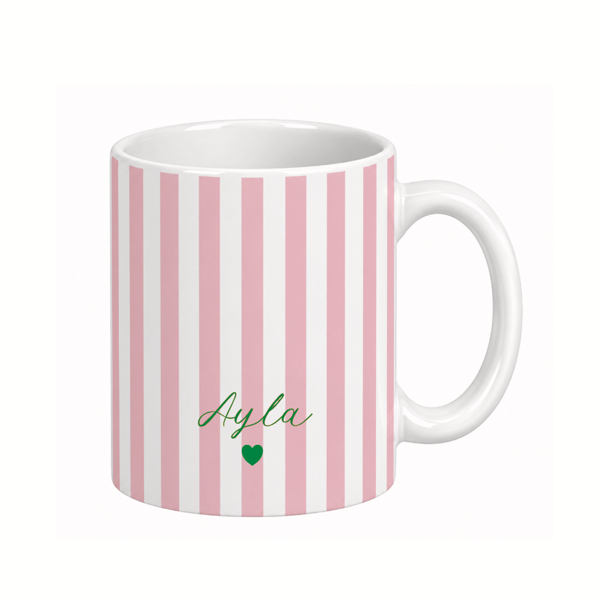 Personalisierte Keramiktasse mit Name – gestreifte Tasse mit Herz