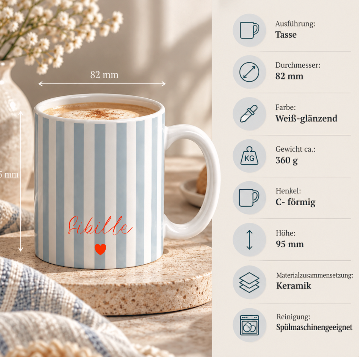 Personalisierte Keramiktasse mit Name – gestreifte Tasse mit Herz