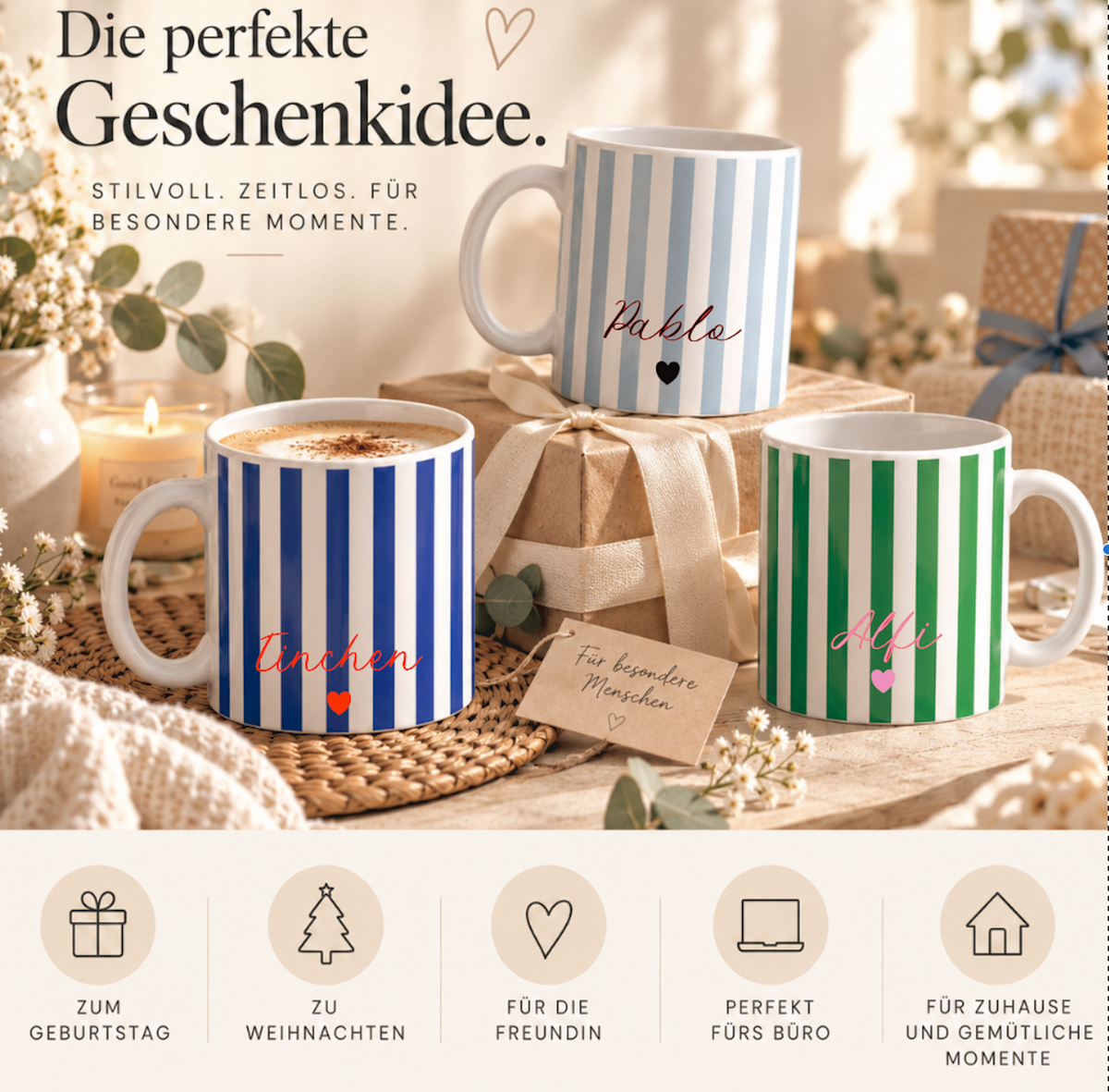 Personalisierte Keramiktasse mit Name – gestreifte Tasse mit Herz