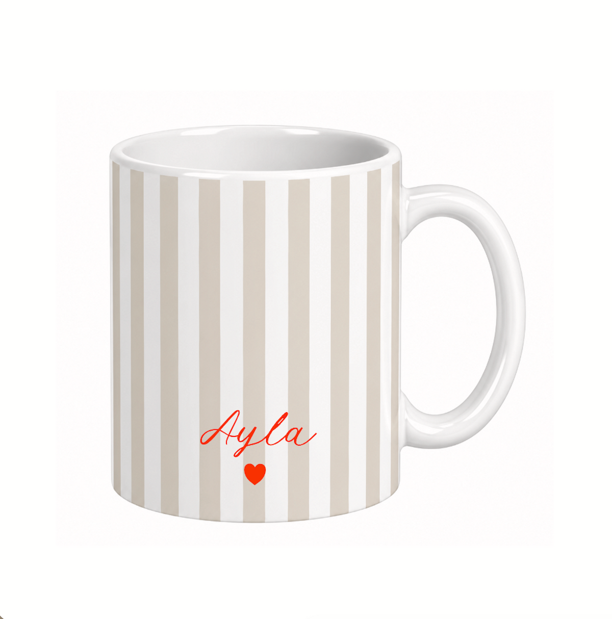 Personalisierte Keramiktasse mit Name – gestreifte Tasse mit Herz
