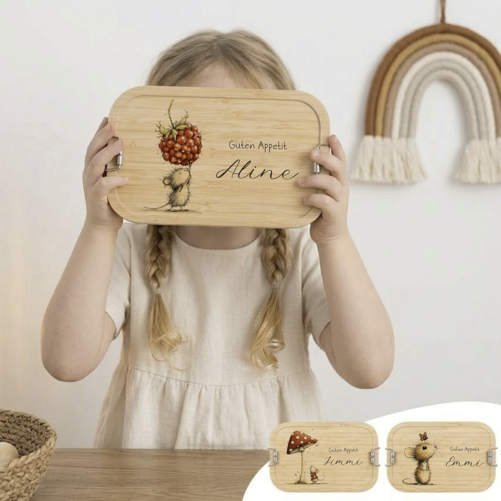 Personalisierte Kinder Brotdose mit Bambusdeckel – Süße Maus Motive im Boho-Stil – Edelstahl & Weißblech