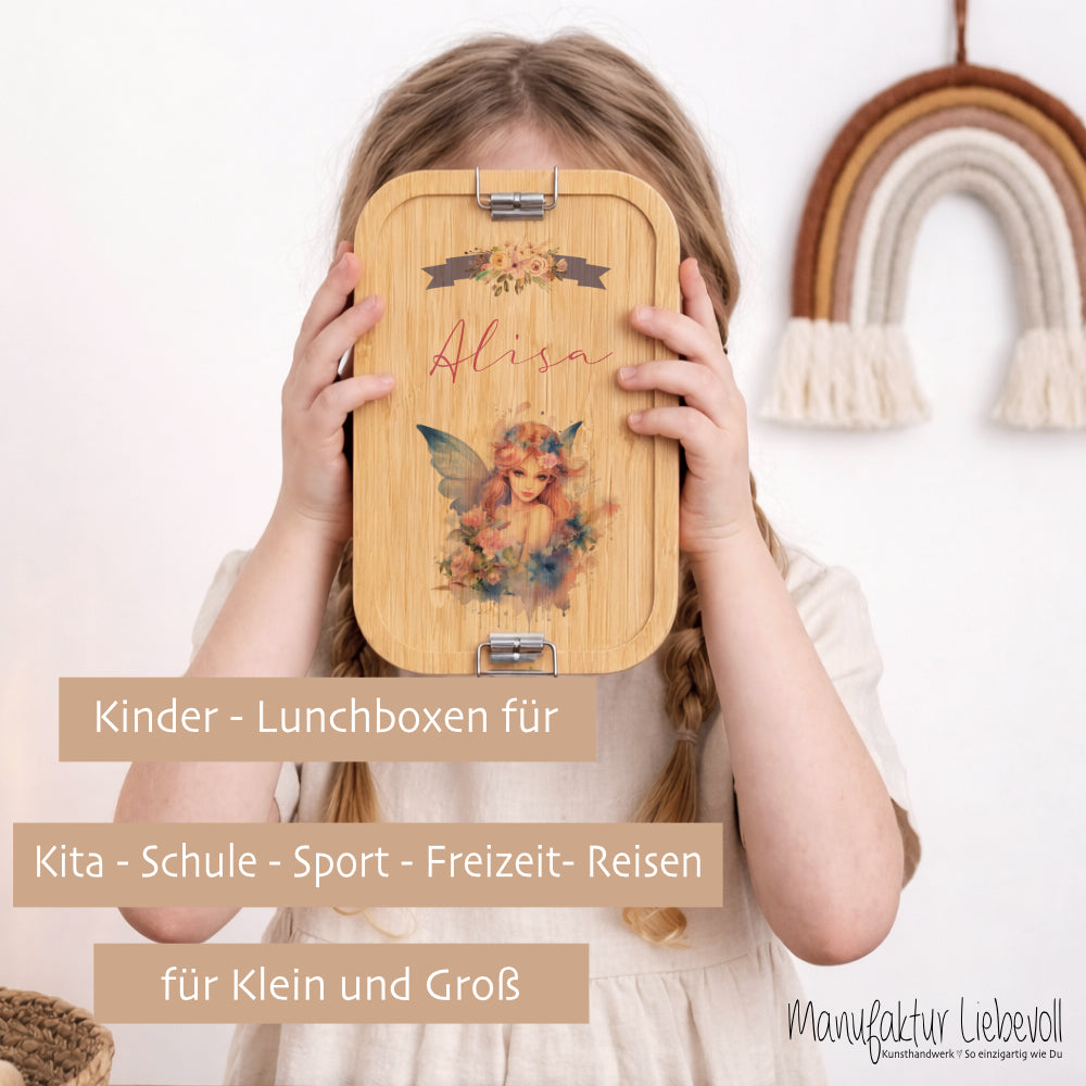 Brotbox "Fee" wählbar in Edelstahl mit Bambusdeckel und Namen für Mädchen | Lunchbox Elfe | Personalisiertes Geschenk für Kinder