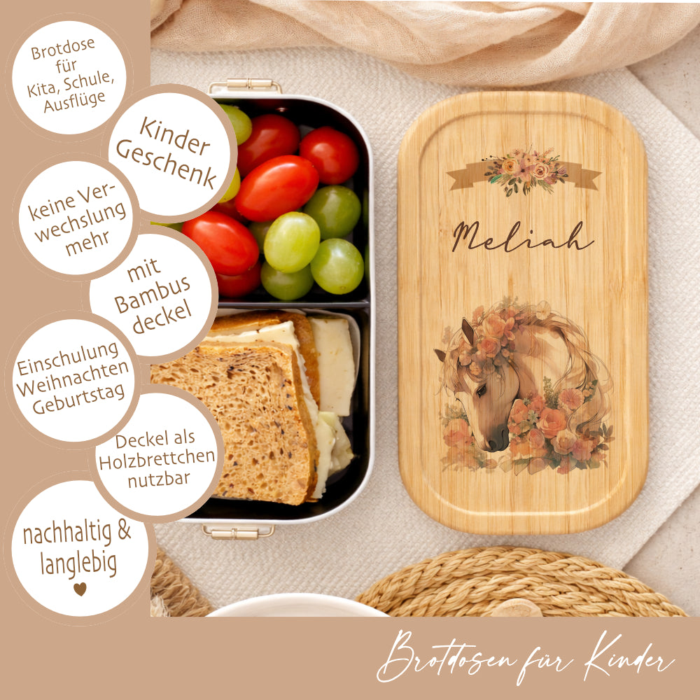 Lunchbox "Pony Pferd" wählbar in Edelstahl mit Bambusdeckel und Namen für Mädchen | Brotdose Pferdemädchen | Personalisiertes Geschenk für Kinder